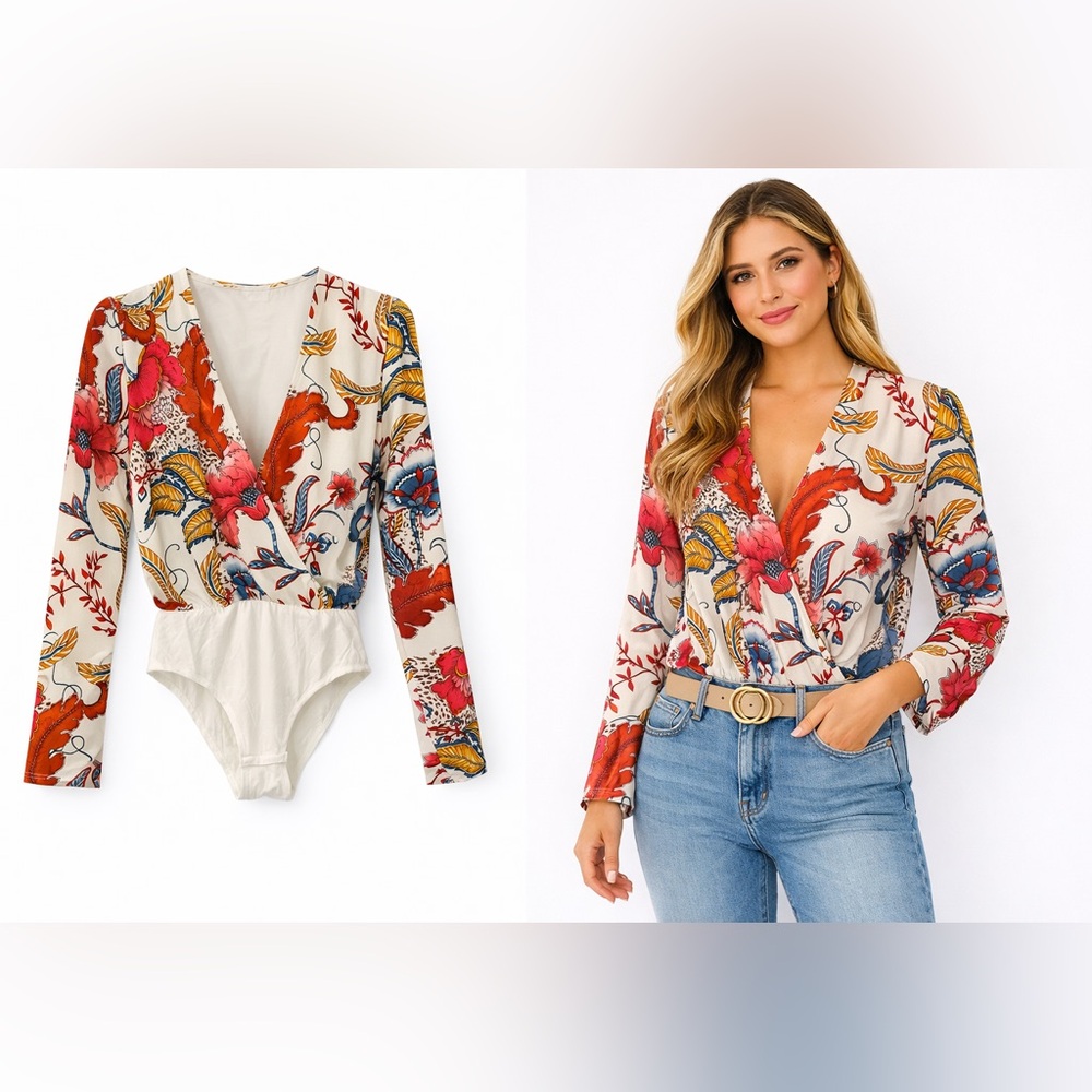 Canvas Floral Print Long Sleeve Bodysuit – Boho Chic Wrap Style Top M
